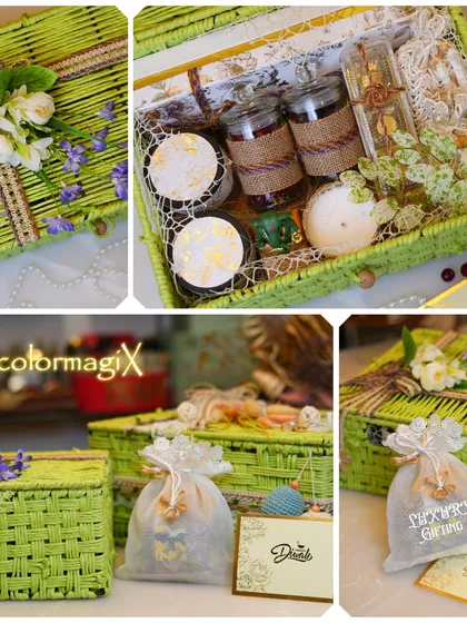 A collage showcasing a unique Diwali hamper in a vibrant green woven box. The images highlight the premium contents, including glass jars with burlap details and a custom "Luxury Gifting" potli bag.