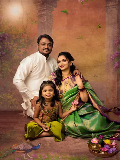 A complete family portrait set in a beautiful, artistic world. The family sits together, surrounded by painted peacocks and flowers, creating a truly magical keepsake.
