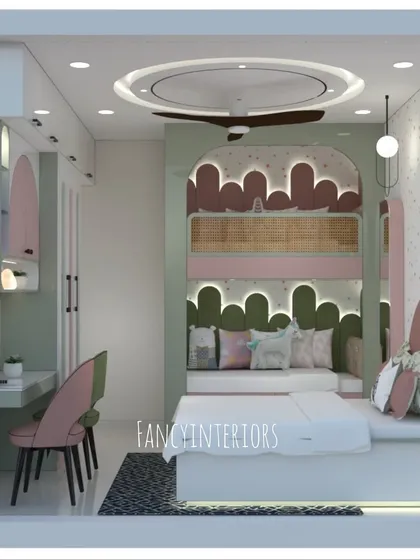 A 3D concept design for a child's bedroom, showcasing our ability to create playful yet practical spaces. This design includes a custom bed with built-in seating, a dedicated study area, and creative wall decor with unique lighting fixtures.
