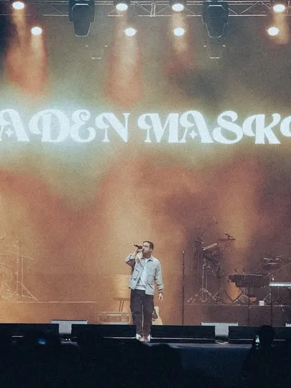 The stage lights, the smoke, and my name lighting up the backdrop. This shot from our Pune concert captures the complete atmosphere of a professional live music show with the full Maskie Band.