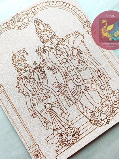 The brown outline stage of the Aandal Rangamannar painting. Every detail, from the jewelry to the expressions, is carefully drawn before any color is applied.