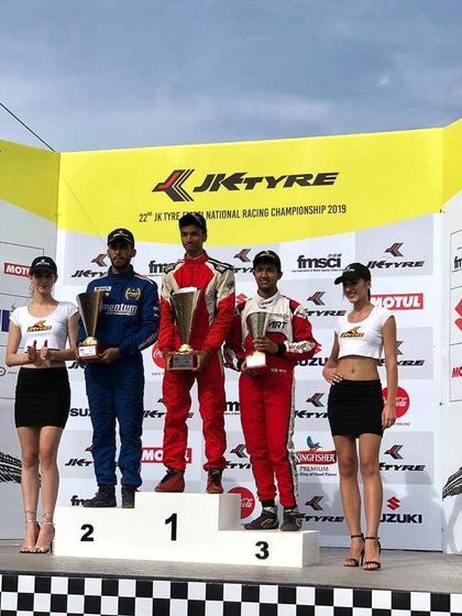 Celebrating our first podium in the JK Tyre FMSCI National Racing Championship Novice Cup in 2019 with driver Mihir Avalakki.
