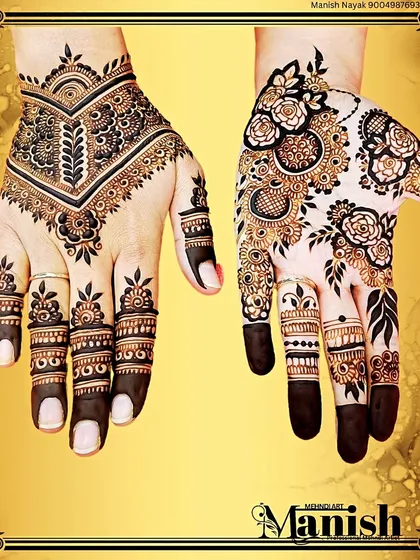 Two different back-hand designs showcasing our range. One is a geometric Arabic style, and the other is a dense floral pattern, both expertly applied by our team artists.