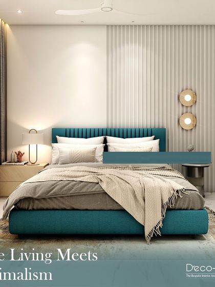 Luxe living meets minimalism in this serene bedroom. A bold teal bed frame provides a pop of colour, while the clean lines of the fluted wall panel and minimalist lighting create a calm and contemporary atmosphere.