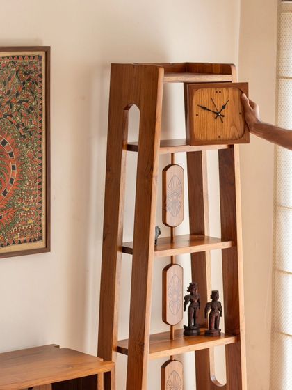 A detailed look at the Mysore Inlay Collection. These images highlight the functional aspects, such as the detachable bench on the bookshelf and the removable tray on the center table, alongside the exquisite craftsmanship.