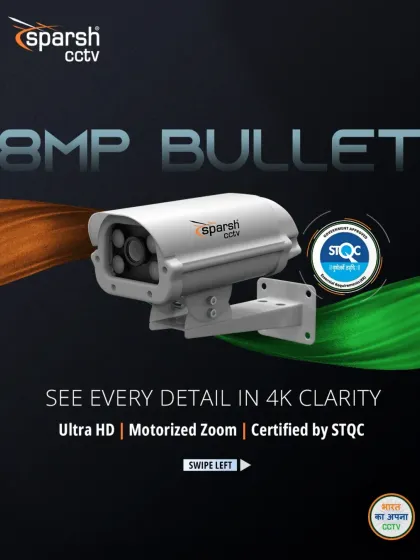 See every detail in 4K clarity with my 8MP Bullet camera. This Ultra HD camera features a motorized zoom and is certified by STQC, ensuring every pixel is fully compliant and delivers the sharpest image quality for critical surveillance.