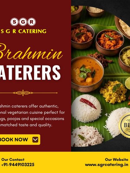This graphic highlights our expertise as Brahmin caterers, offering authentic, traditional vegetarian cuisine for weddings and poojas. The image shows a classic banana leaf meal, a hallmark of our service.