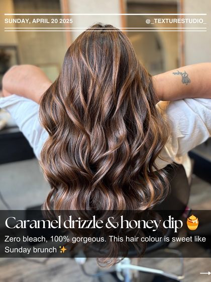 Caramel drizzle and honey dip, all with zero bleach. This look is 100% gorgeous, with sweet, warm highlights that brighten up the hair beautifully.