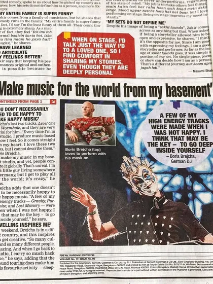 Media coverage from the Bangalore Times, highlighting how Boris Brejcha was "floored by Bengaluru's EDM scene" at my event.