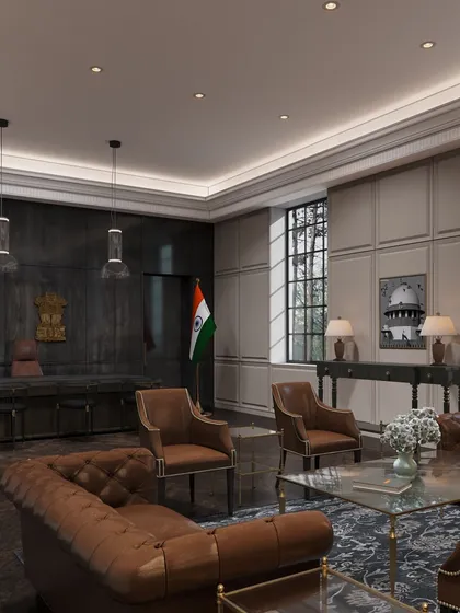 We were honored to design this office within the Supreme Court for the Chief Justice of India. The space balances authority with elegance, featuring rich veneer paneling, bespoke bookshelves, and classic furniture to create an environment of distinguished purpose.