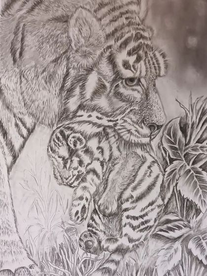 A charcoal drawing depicting the tender moment between a mother tiger and her cub. This piece focuses on creating soft fur textures and a gentle mood.