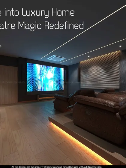 This private theater showcases a clean, modern aesthetic. The design focuses on the essentials of a perfect viewing experience: tiered leather recliners, a massive screen, and a dark, non-reflective environment to ensure total immersion.
