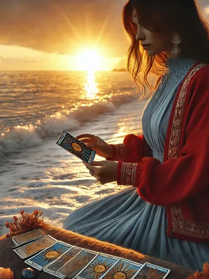An artistic depiction of a tarot reading by the sea at sunset. The Sun card represents clarity, strength, and new beginnings, awakening the inner wisdom that guides us forward.