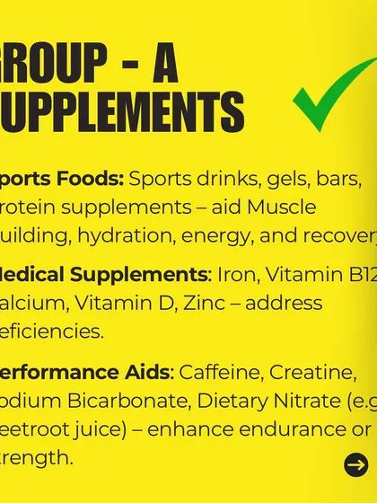 Group A supplements are backed by strong scientific evidence. This includes sports foods like protein for muscle building, medical supplements like Iron and Vitamin D for deficiencies, and performance aids like caffeine and creatine.
