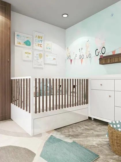 This 3D render shows another view of a soothing nursery design. The light blue wall with cute animal decals, paired with simple white furniture, creates a peaceful and gentle atmosphere for a baby.