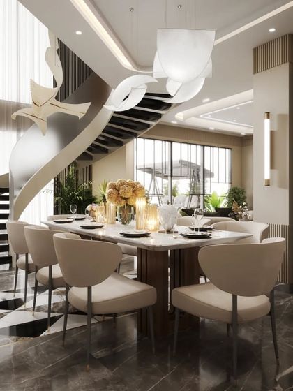 A dining and living area featuring a stunning sculptural spiral staircase. These renders showcase the staircase as a central art piece, demonstrating our ability to model and integrate complex architectural forms.