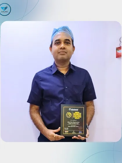 Our founder, Dr. Amit Agarkar, proudly holding the award for "Best Hair Restoration Clinic of the Year 2025." This recognition is a reflection of the trust thousands of clients place in us for their hair restoration journey.