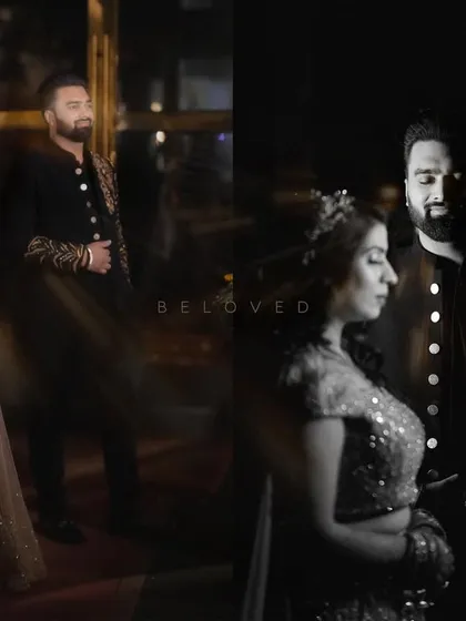A beautiful collage of the couple's engagement portraits, combining a full-length shot with an intimate black and white close-up.
