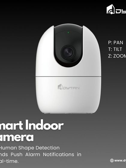This graphic highlights the core intelligent features of our indoor camera: AI human shape detection and real-time push alarm notifications.
