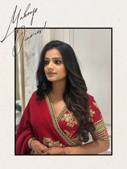 Another angle of this stunning party look, highlighting the flawless makeup and beautifully styled hair.