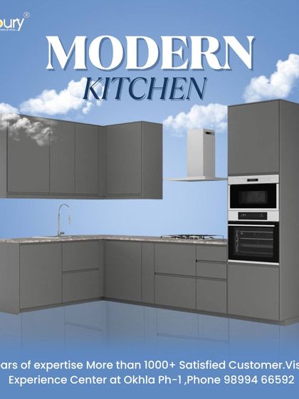 A simple L-shaped modern kitchen concept in a matte grey finish. This design includes a tall unit for a built-in oven and microwave, making efficient use of vertical space.