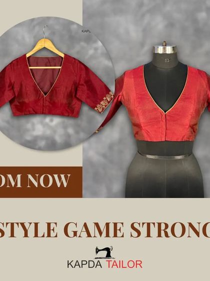Style game strong. This graphic features a beautiful maroon V-neck blouse with delicate embroidery on the sleeves.