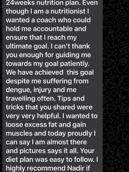 The full testimonial from a nutritionist client who sought my help for accountability and achieved her goals despite illness and injury.