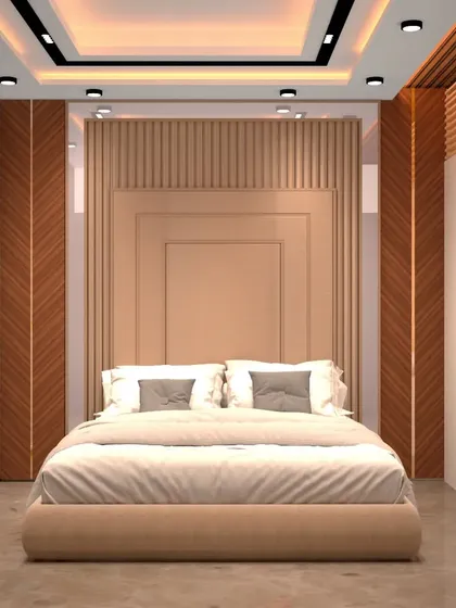 This cozy bedroom design features a large, cushioned headboard and a built-in window seat, perfect for relaxing. The use of wood tones and warm lighting creates a comfortable and serene ambiance.