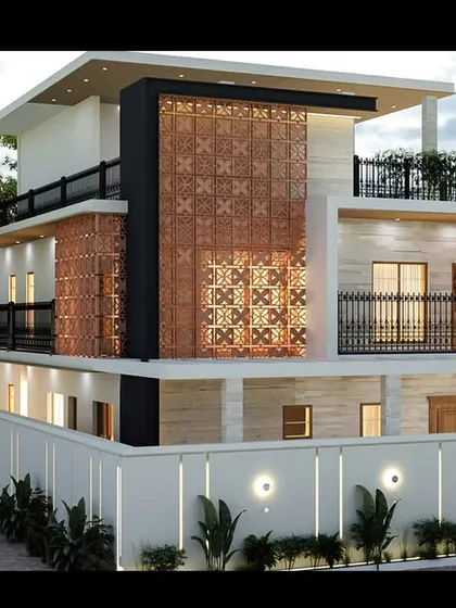 This 3D visualization showcases my architectural design capabilities for a grand, contemporary residence. The render highlights a multi-level structure with intricate jali screens, expansive balconies, and thoughtful landscape design, offering a clear vision of the final masterpiece.