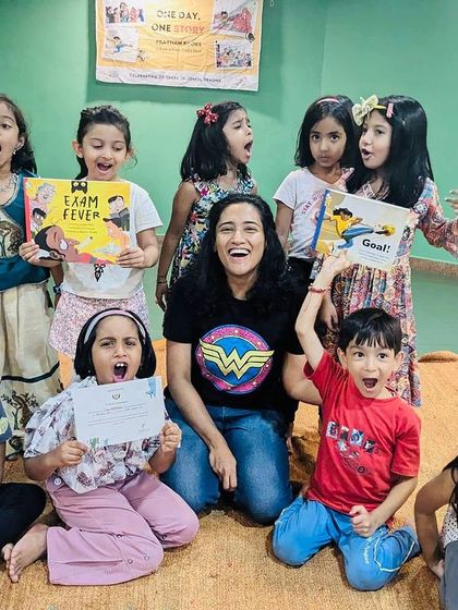 A series of photos from an indoor storytelling session for Pratham Books' 'One Day, One Story' event. This shows my journey as a storyteller, from park sessions to collaborations, and my passion for spreading the joy of reading.
