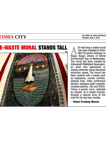 The Times of India covered my 25-foot e-waste mural at Orion Mall, highlighting how it was created from items like keyboards, remote controls, and cordless phones to raise awareness for World Environment Day.