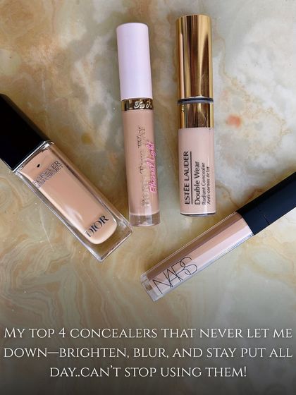 My top 4 concealers that never let me down. These brighten, blur, and stay put all day. Featuring Dior, Too Faced, Estée Lauder, and NARS.