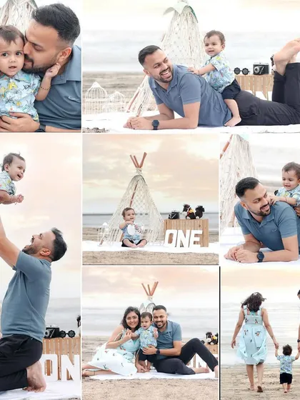 A collage of a family's beach photoshoot, filled with laughter, play, and beautiful sunset light.