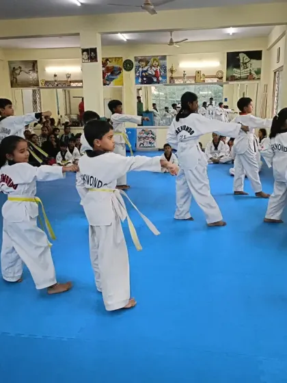 Students practicing their punches in synchronized lines.