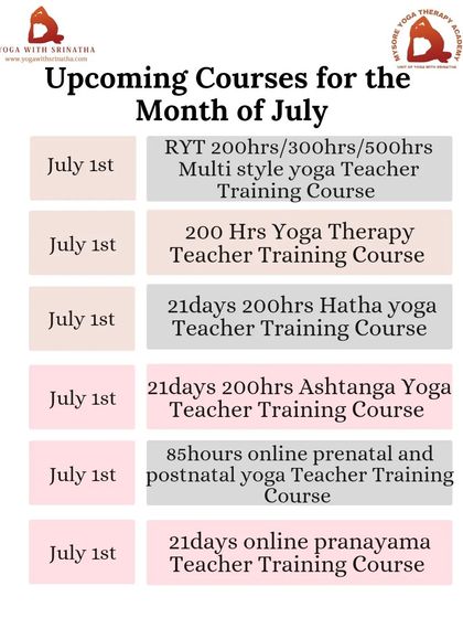 The comprehensive teacher training courses offered in July, covering Multi-style, Yoga Therapy, Hatha, Ashtanga, and Prenatal yoga.