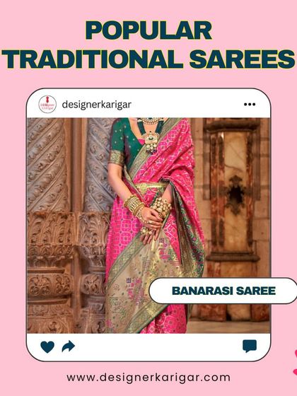 The Banarasi saree is a timeless classic. This example in bright pink with a contrasting green blouse and intricate gold weaving is a must-have for any traditional wardrobe.