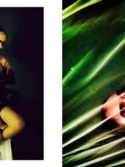 An experimental diptych combining a seated pose with an abstract, reflective image. This pairing creates a surreal and artistic interpretation of the character.
