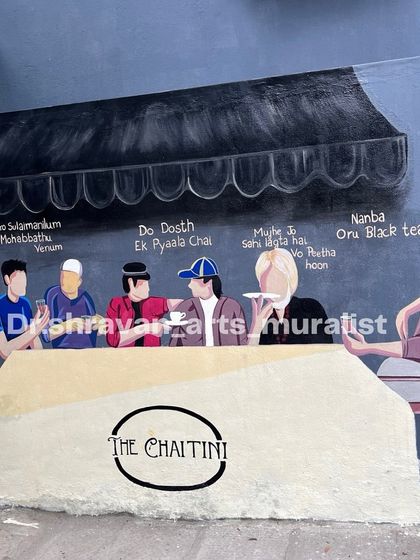 This mural for a tea cafe brings together the essence of Indian cinema. It features iconic movie characters from different regions, all united by their love for a cup of chai.