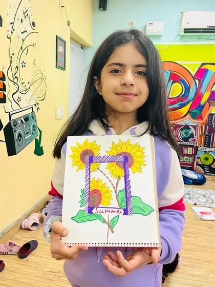This talented student created a beautiful sunflower sketch. Our art classes for children encourage them to observe nature and express it in their own unique style.
