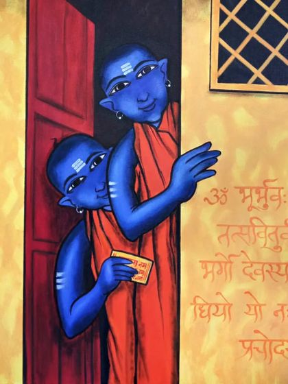 An acrylic painting on a 3x3 ft canvas that celebrates Indian culture. It shows two young brahmacharis with the Gayatri Mantra inscribed beside them, representing the pursuit of knowledge and tradition.