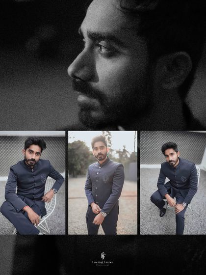 A black and white collage of the groom, featuring a dramatic close-up and several stylish full-body shots.