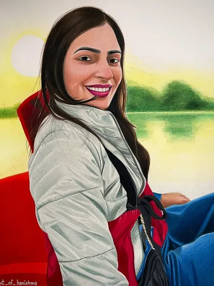 The final version of a custom color portrait, which took nearly 20 hours to complete. I worked to capture not just her smile, but also the soft light of the sunset and the texture of her jacket, creating a complete scene.