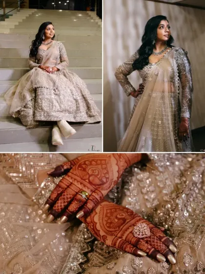 A detailed collage of the bride's reception look, featuring her stunning lehenga, elegant poses, and a close-up of her intricate henna design.
