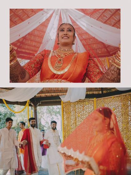 The bride's joyful entrance and the moment she first sees her groom, separated by the traditional antarpat cloth.