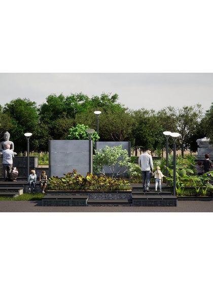 A ground-level perspective of the proposed landscape around the 12th-century temple. The design creates accessible pathways and gathering spots for the local community while respecting the archaeological significance of the site.