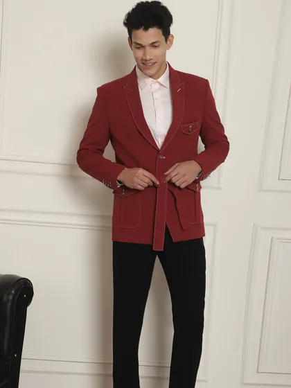 Suits for all seasons and all occasions. This red belted jacket is a modern take on formal wear, perfect for a cocktail party or reception. It's tailor-made by my craftsmen to fit your body perfectly.