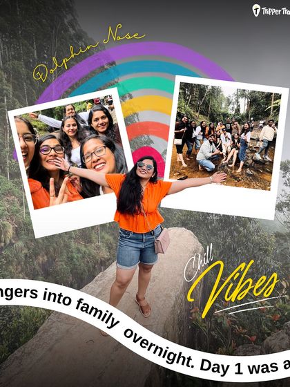 A collage celebrating the "chill vibes" of Kodaikanal. It shows a traveler posing at Dolphin's Nose and groups of friends enjoying the waterfalls, turning strangers into family.