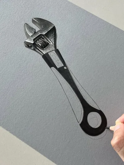 Another WIP of the spanner drawing. This view shows the initial sketch and how I begin to fill in the solid black handle.
