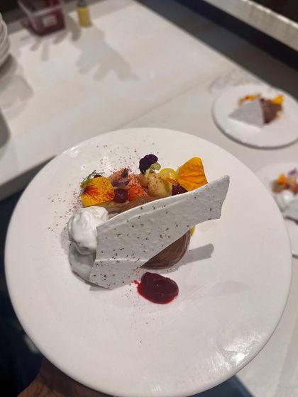A modern plated dessert featuring multiple components, including a mousse, meringue shards, and a fruit coulis.