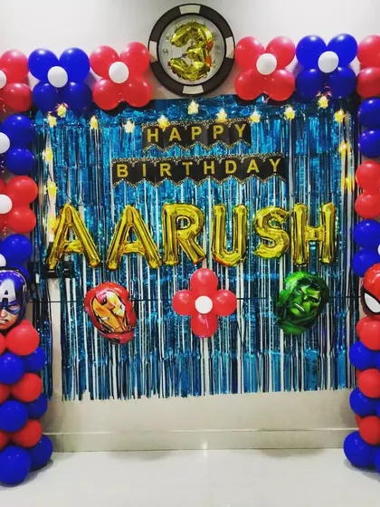 A straight-on shot of the Avengers birthday backdrop.